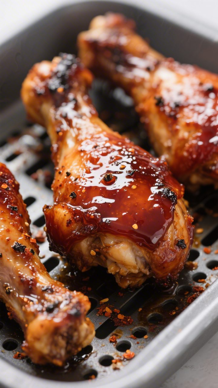 Close-up detail: Air fryer BBQ chicken drumsticks just after the 400°F caramelization step, glossy