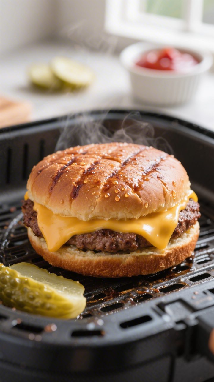 Close-up detail: Air fryer cheeseburger slider patty just after cooking, cheese melted and draping o