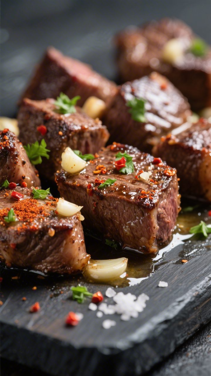 Close-up detail: Air fryer steak bites just tossed in warm garlic butter, glistening seared edges wi