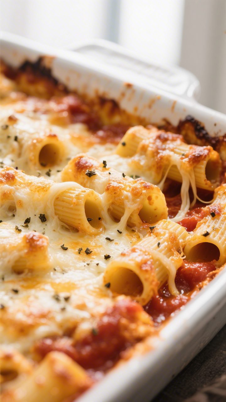Close-up detail: Baked ziti just out of the oven with a bubbly, golden-brown cheese crust at the edg