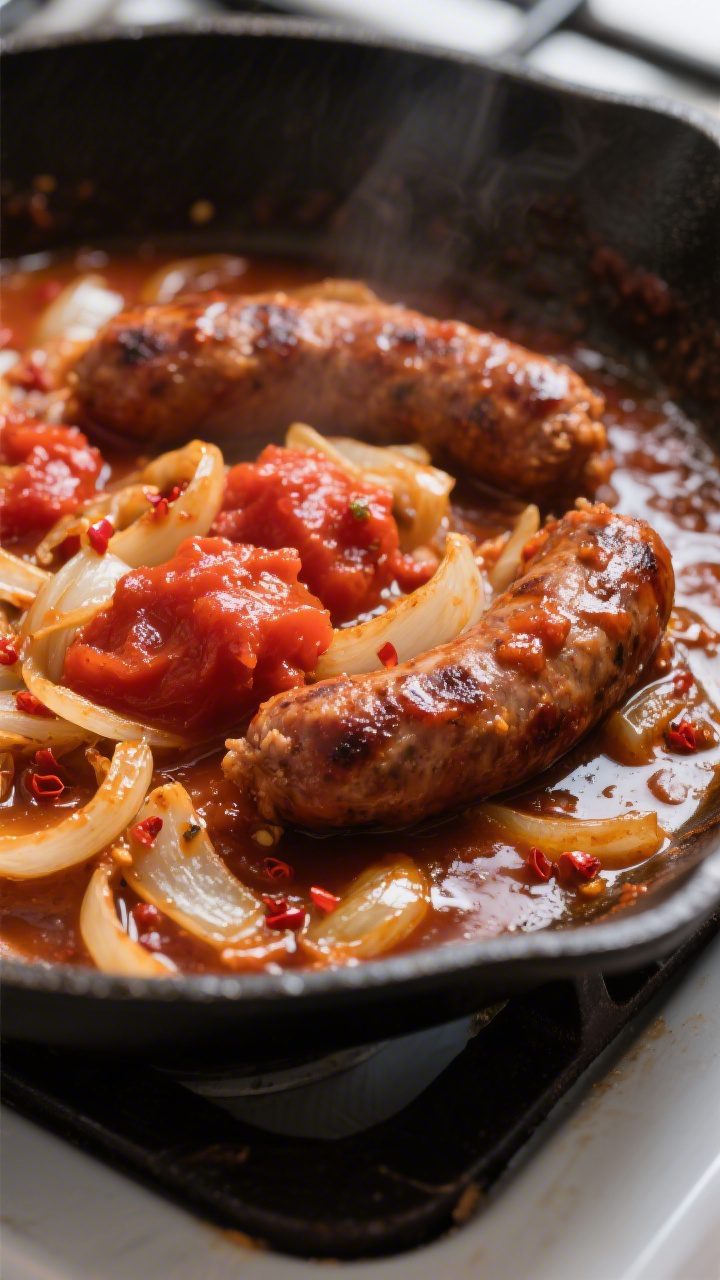 Close-up detail: Caramelized tomato paste and browned Italian sausage sizzling in a skillet, with tr