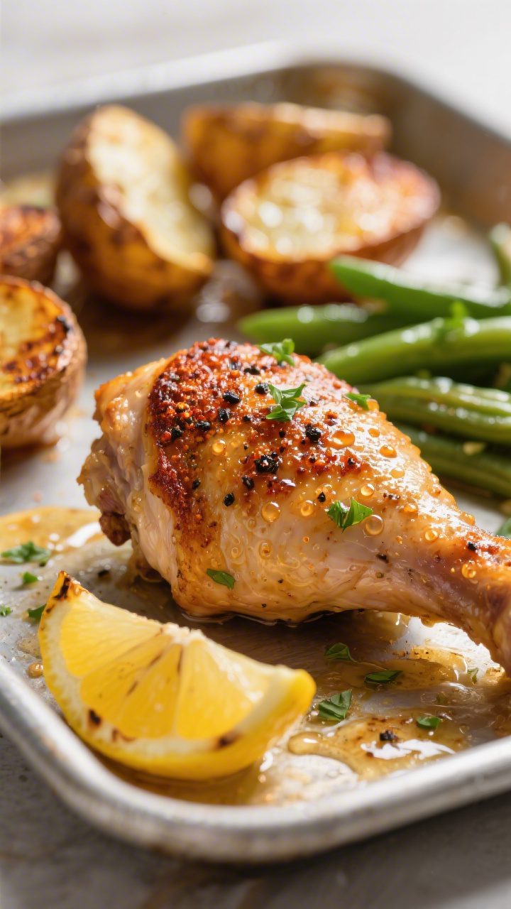 Close-up detail, final finish: Macro shot of a single chicken thigh on the sheet pan with deeply gol