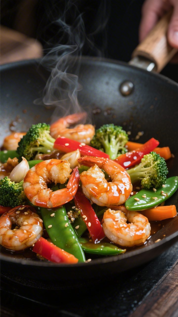 Close-up detail: Glossy garlic shrimp just after saucing in a hot wok, shrimp curled into loose “C