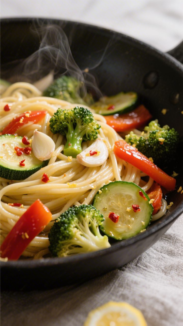 Close-up detail: Glossy spaghetti tossed with sautéed broccoli florets, bell pepper strips, and zuc