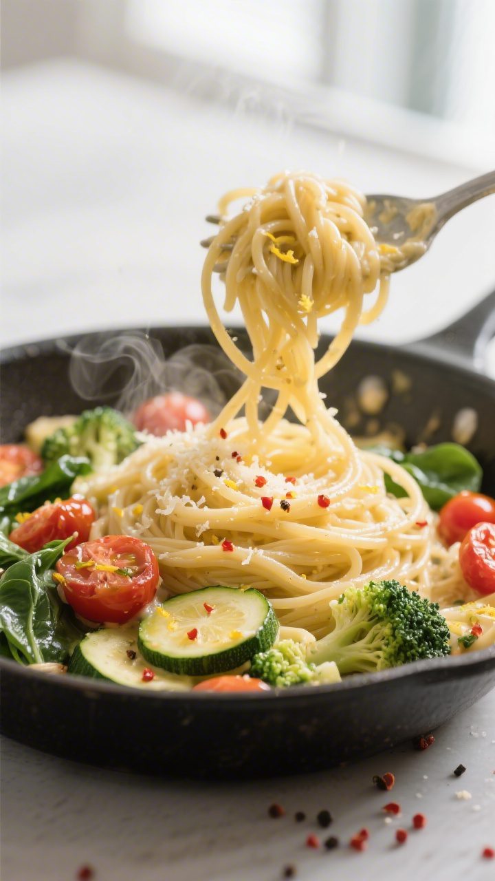 Close-up detail: Glossy strands of spaghetti coated in silky garlic-butter Parmesan sauce mid-toss i