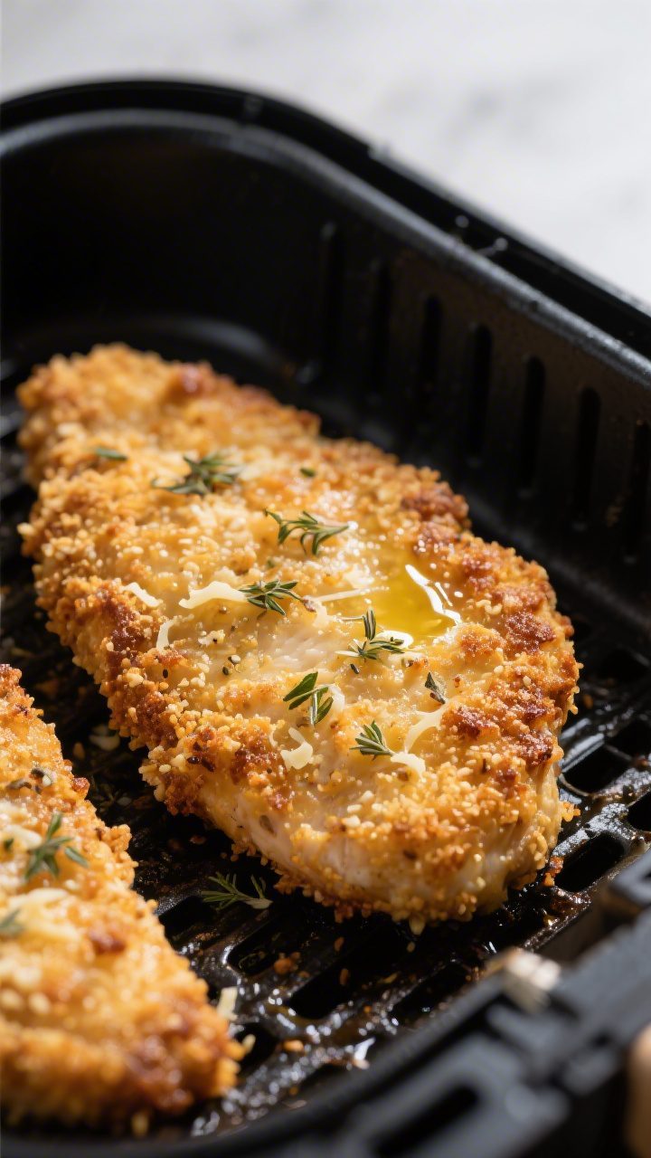 Close-up detail: Golden air-fried chicken cutlet just after the first cook, flipped in the open air