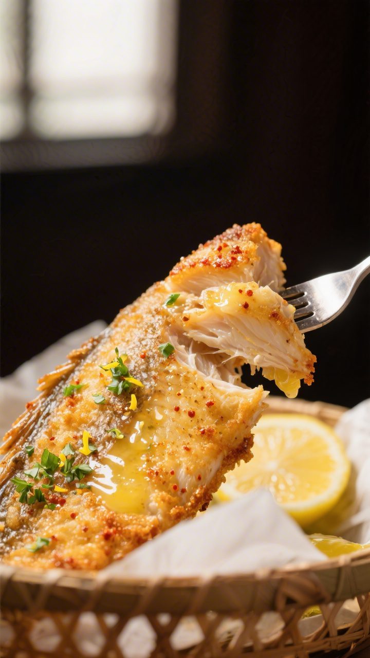 Close-up detail: Golden, air-fried tilapia fillet just out of the basket, edges lightly crisped with