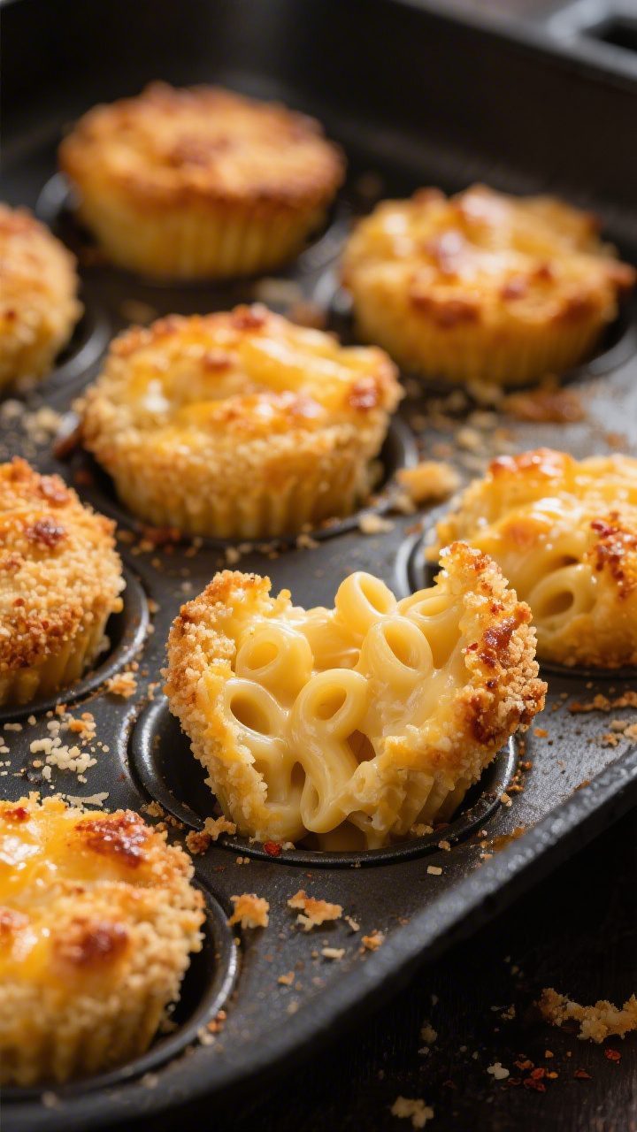 Close-up detail: Golden-baked mac and cheese bites just out of a mini muffin tin, panko-Parmesan cru