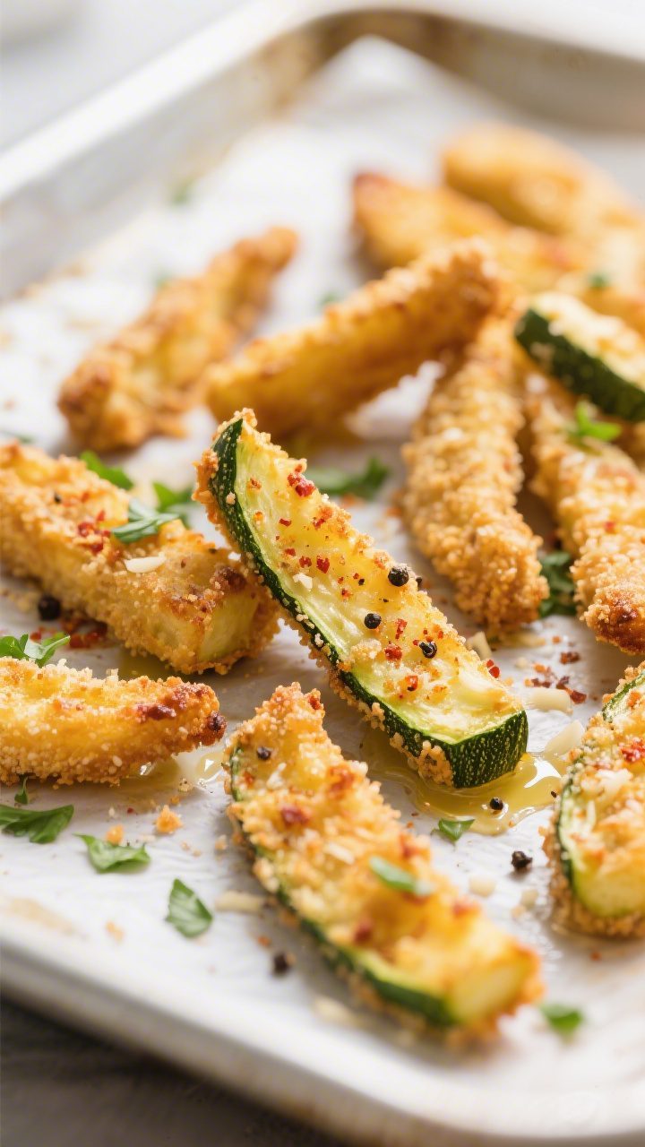 Close-up detail: Golden-baked zucchini fries just out of the oven, deep golden panko-Parmesan crust