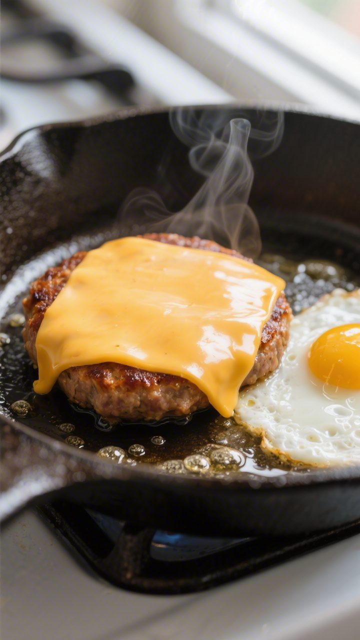 Close-up detail: Golden-brown breakfast sausage patty in a skillet with melted American cheese gentl