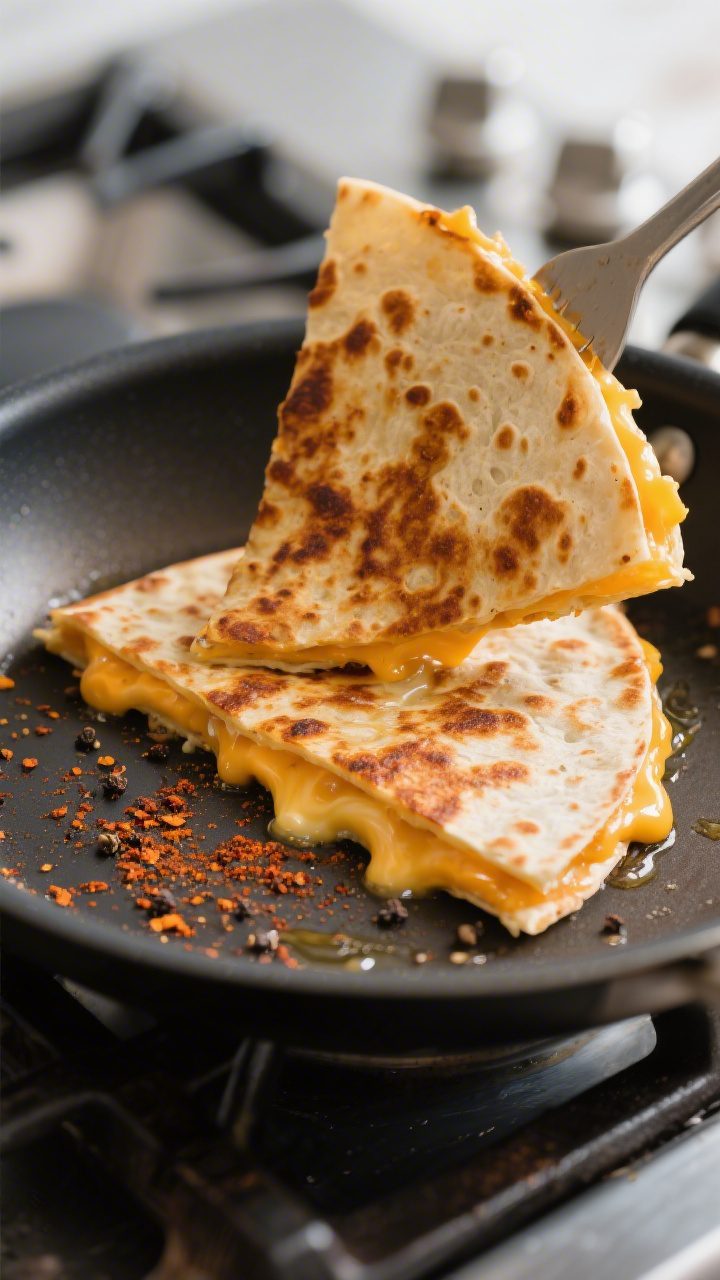 Close-up detail: Golden-brown cheese quesadilla mid-flip in a nonstick skillet, one side perfectly c