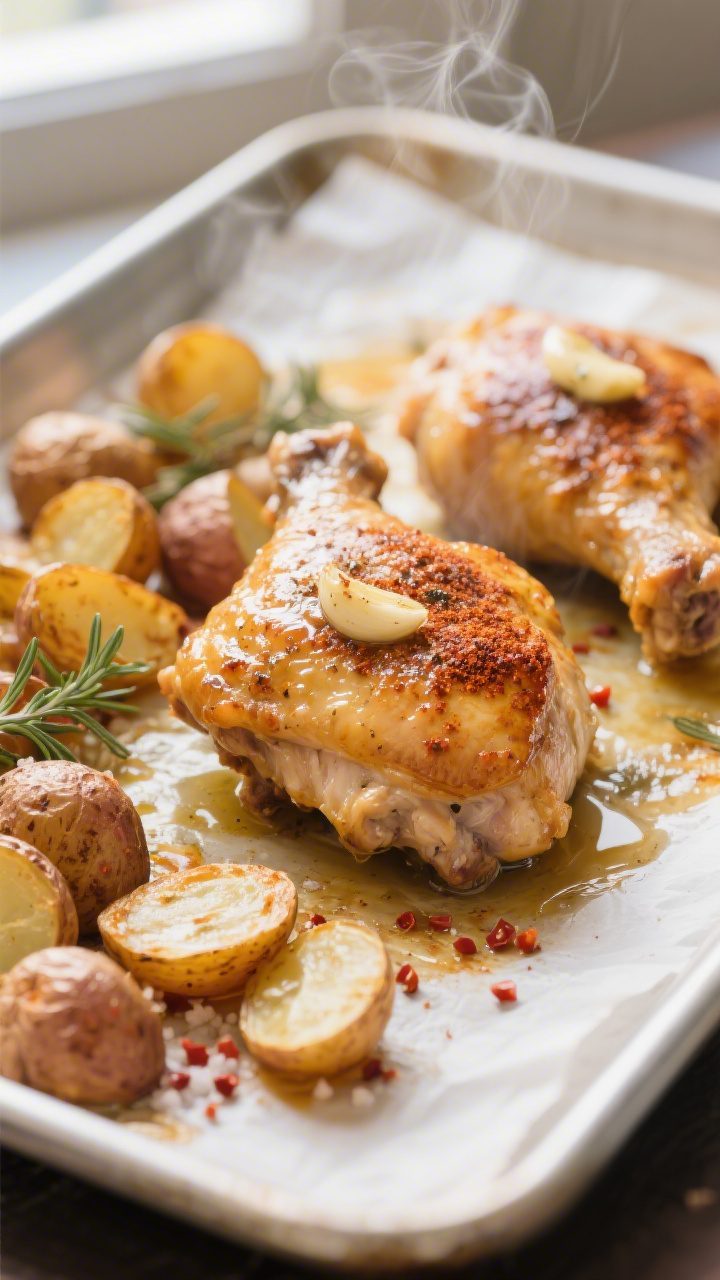 Close-up detail: Golden-brown chicken thighs on a sheet pan just out of the oven, glistening with me