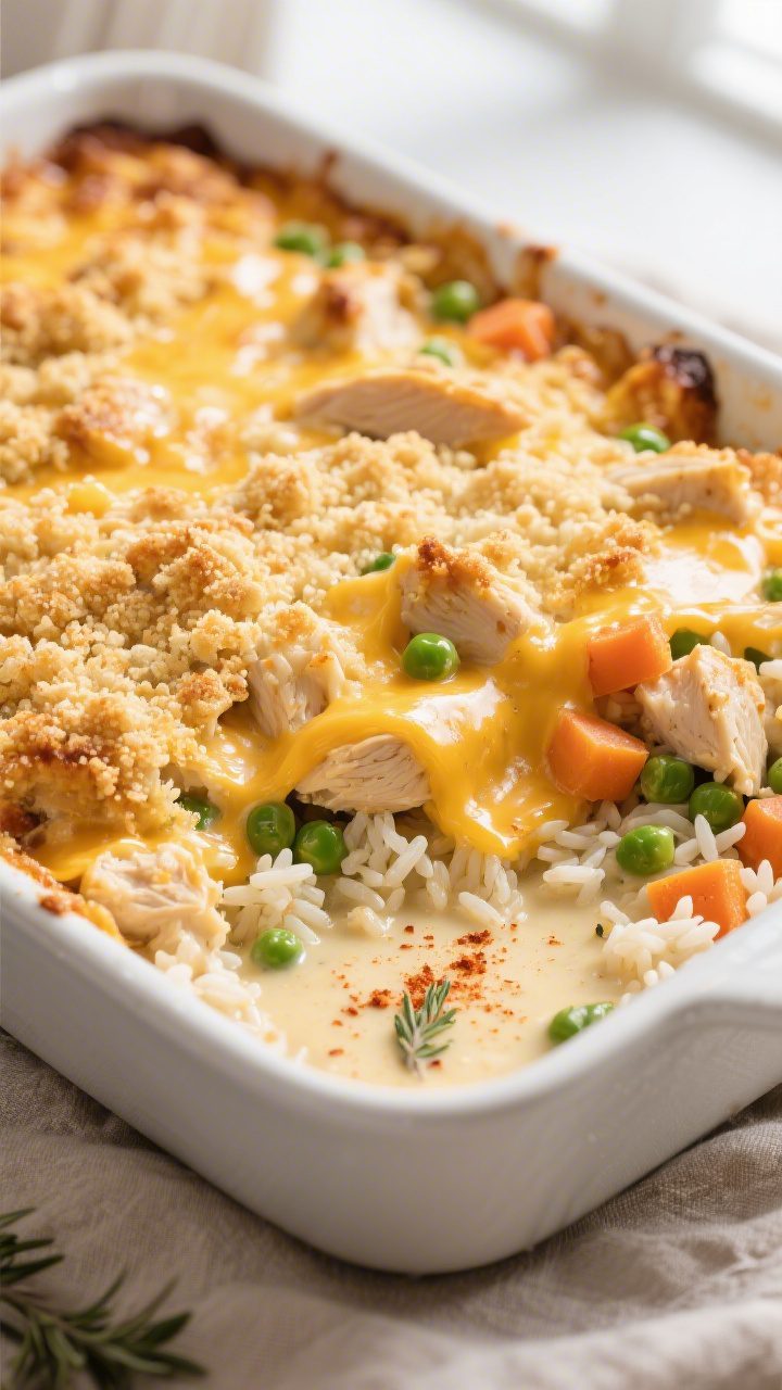 Close-up detail: Golden, bubbling cheesy chicken and rice casserole just out of the oven, melted sha