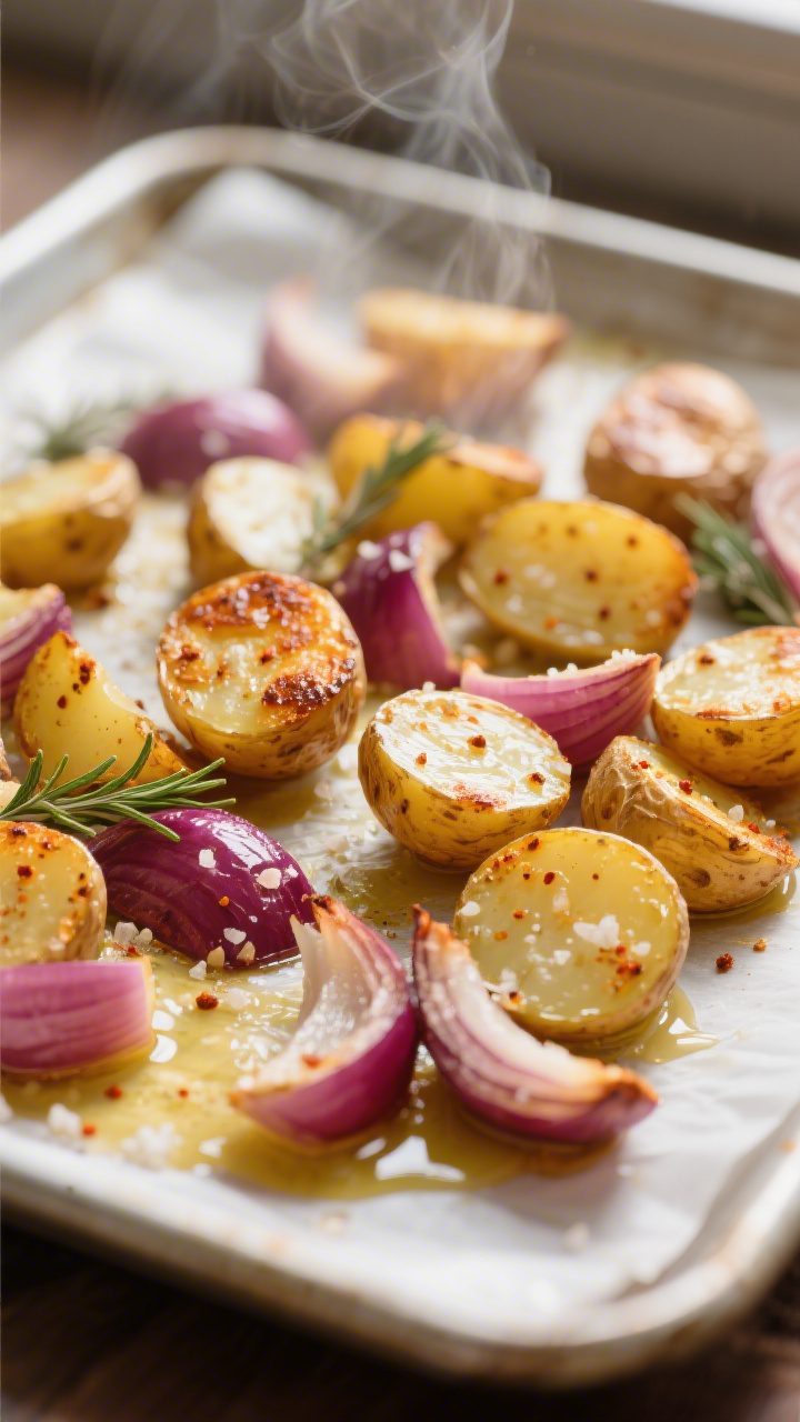 Close-up detail: Golden roasted baby potatoes and red onion wedges on a sheet pan at the 15-minute m