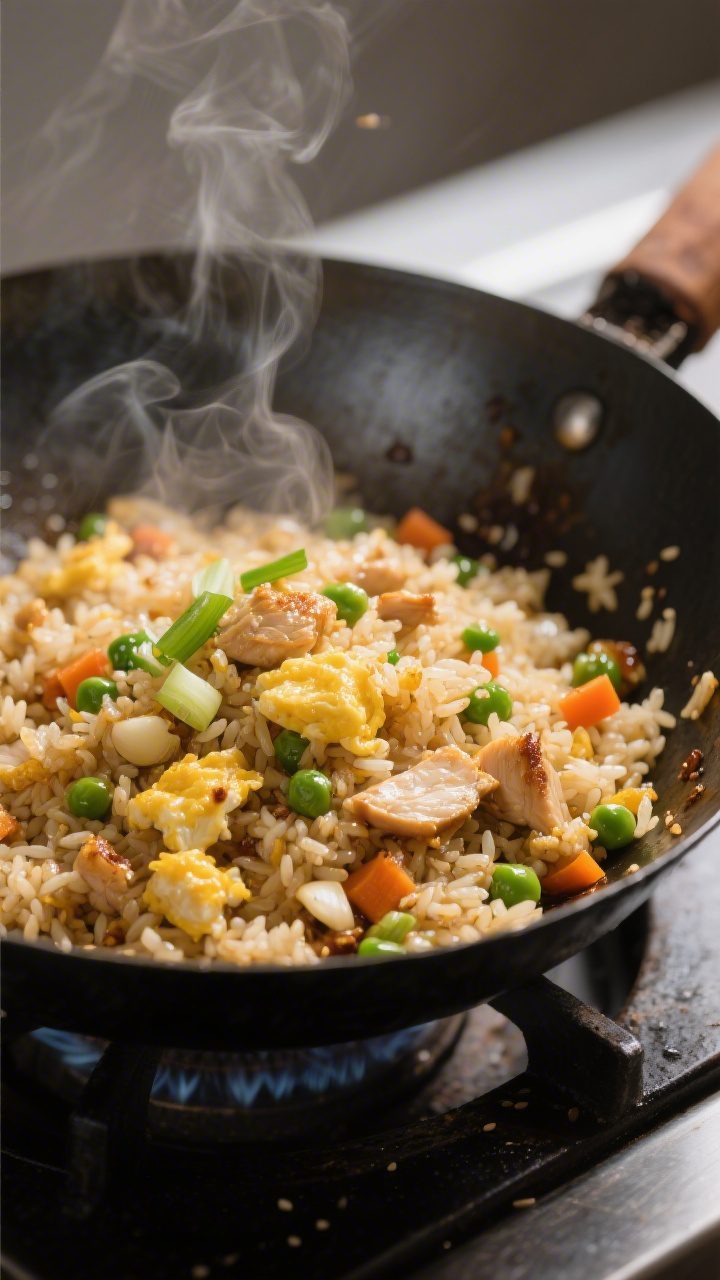 Close-up detail: Golden, toasty chicken fried rice searing in a carbon-steel wok, rice grains indivi