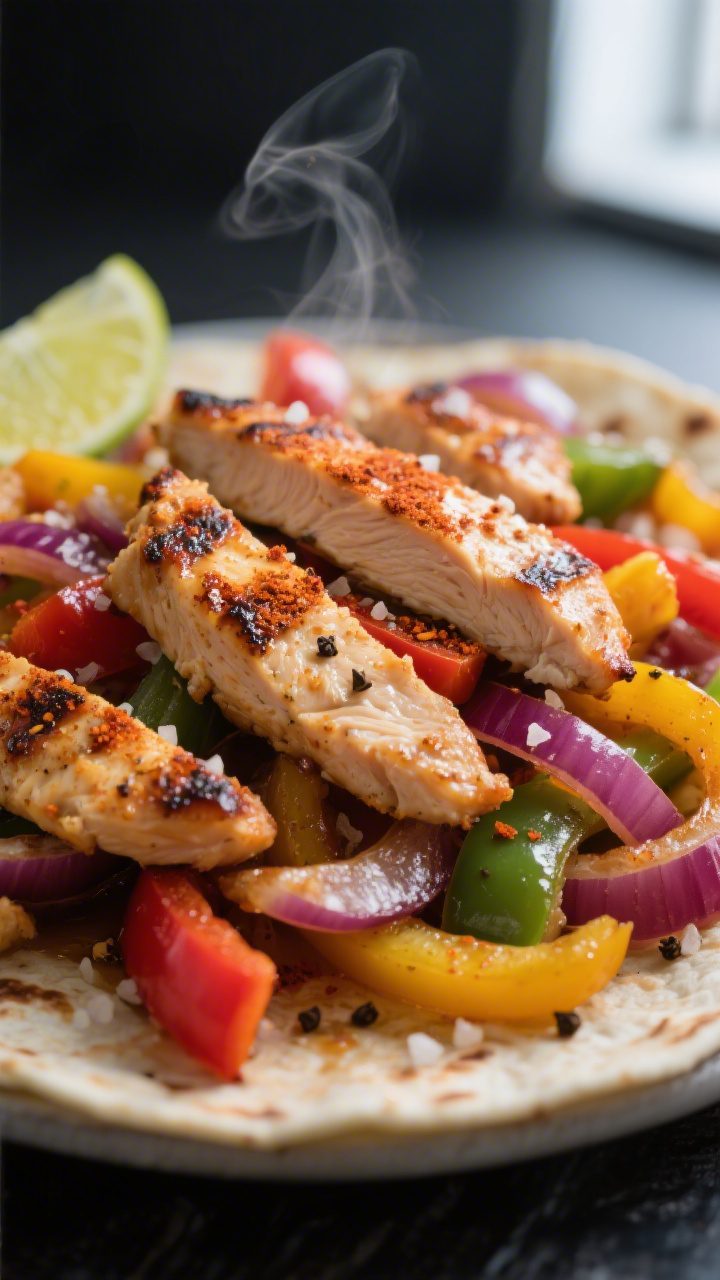 Close-up detail: Juicy air-fried chicken fajita strips nestled with tender bell peppers (red, yellow