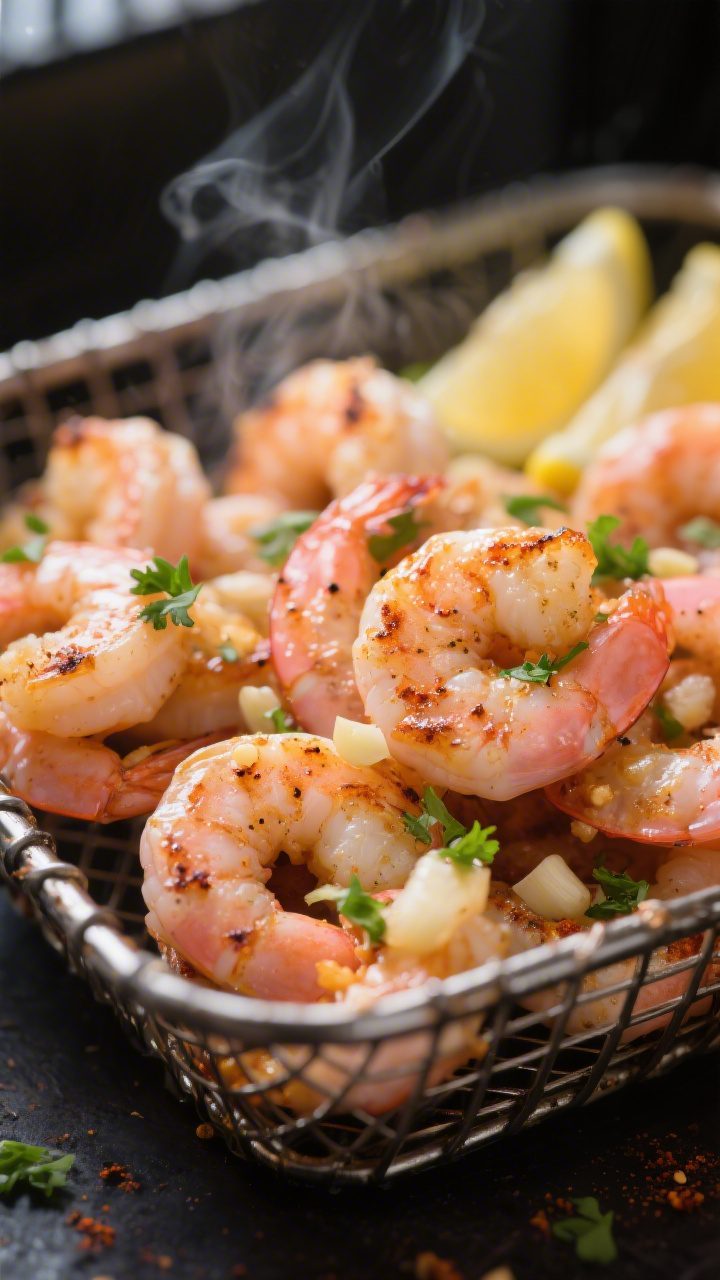 Close-up detail: Juicy air-fried shrimp just out of the basket, edges lightly charred and glistening