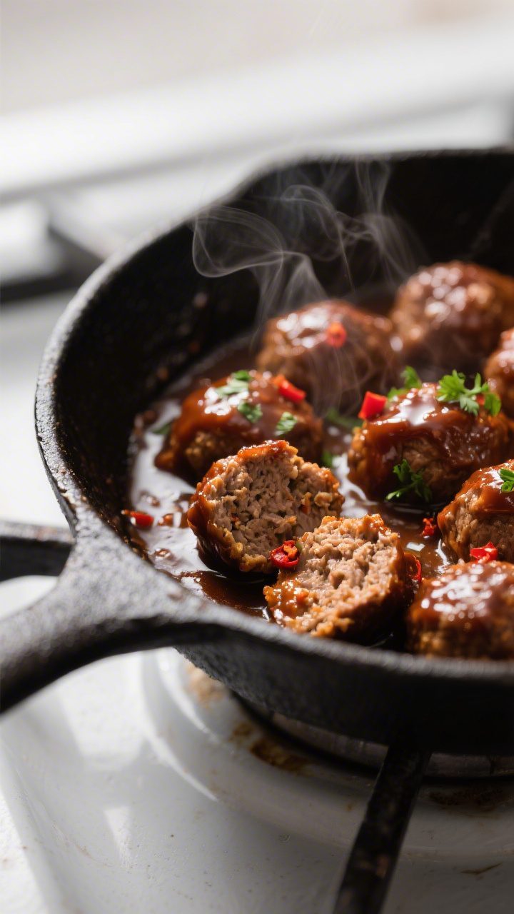 Close-up detail: Juicy mini meatballs simmering in glossy BBQ sauce in a shallow skillet, sauce clin