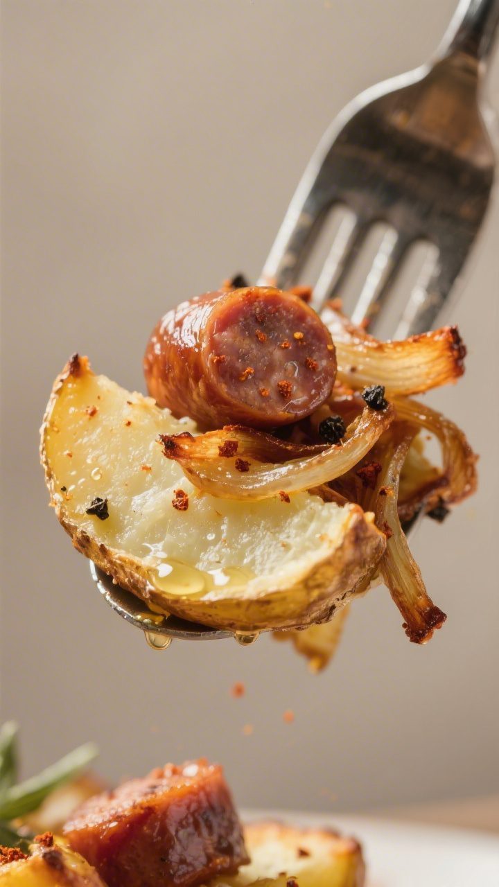 Close-up detail of a fork scooping a portion of the roasted mix, highlighting the shattering-crisp p