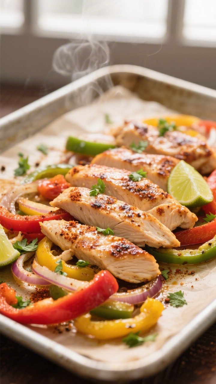 Close-up detail: Sheet pan chicken fajitas just out of the oven at 425°F, showing glistening, cooke