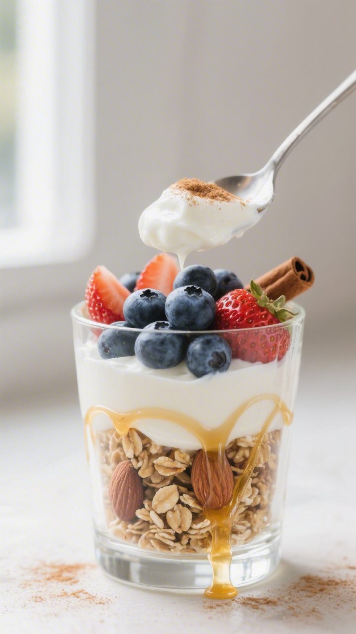 Close-up detail shot: A tall clear glass being layered for a yogurt parfait—spoonful of thick Gree