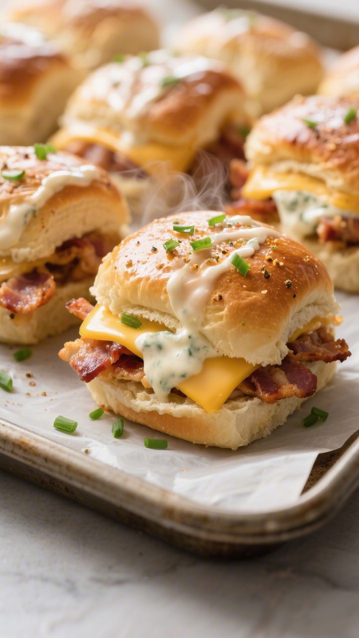 Close-up detail shot: A tight, shallow-depth-of-field image of freshly baked Chicken Bacon Ranch Sli