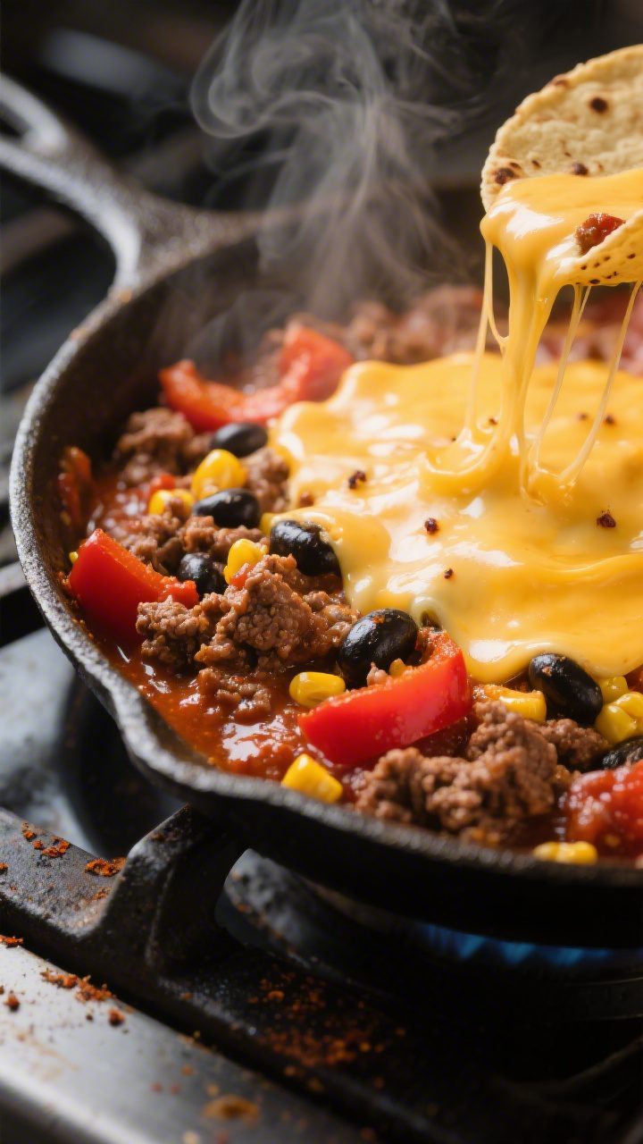 Close-up detail shot: Melty cheese blanket just beginning to pull and bubble over a saucy taco skill