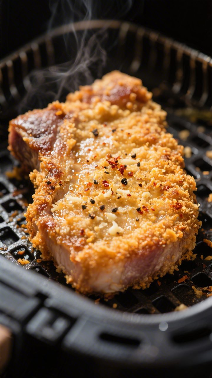 Close-up detail shot of a freshly air-fried breaded pork chop just out of the basket, golden-brown p