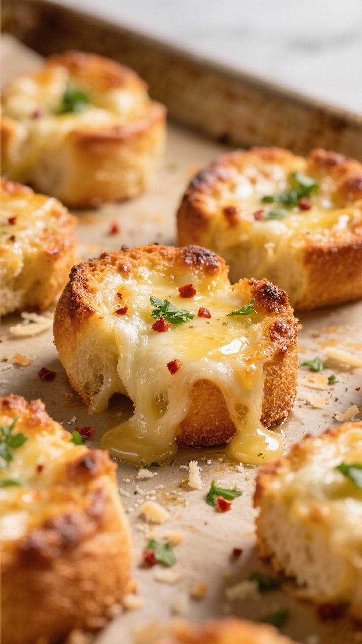 Close-up detail shot of freshly baked Cheesy Garlic Bread Bites just out of the oven: golden, deeply