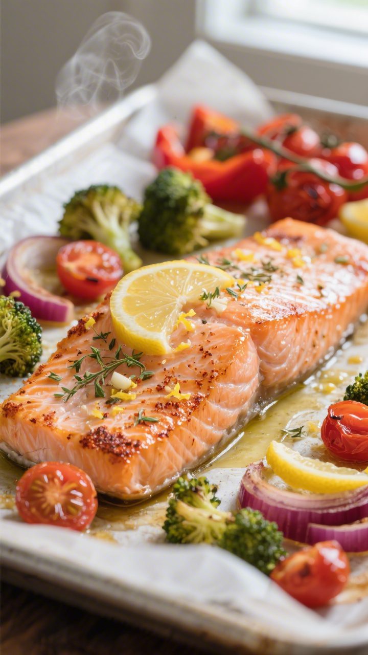 Close-up detail: Tender, flaky sheet-pan salmon fillet just out of the oven, skin-side down, glisten