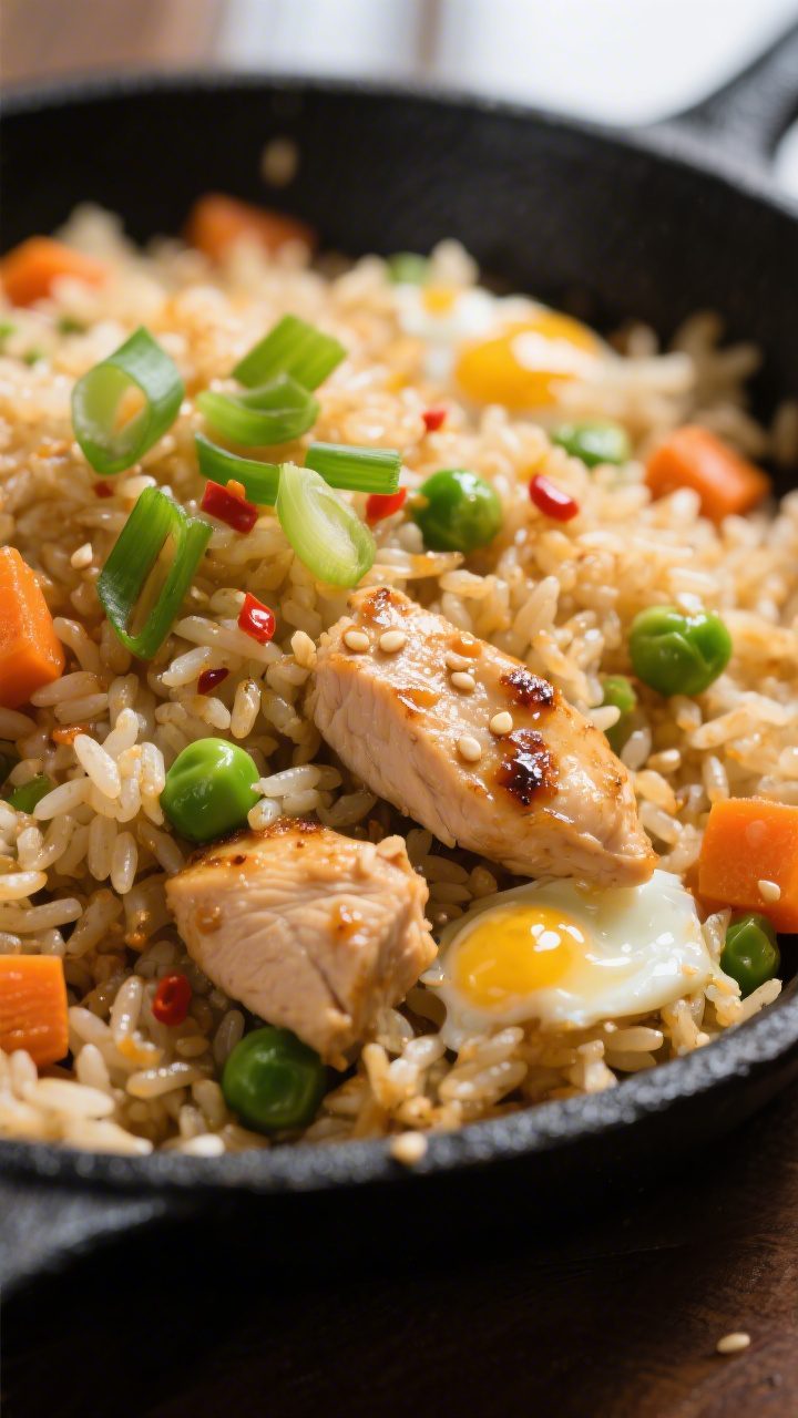 Close-up detail, texture focus: Extreme close-up of finished chicken fried rice showing separated, s