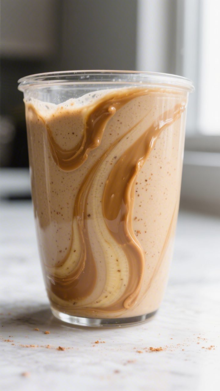Close-up detail: Thick, creamy banana peanut butter smoothie mid-blend swirling in a clear blender j