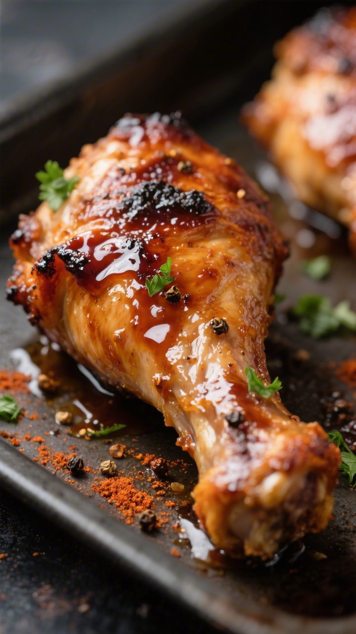 Close-up detail: Ultra-close shot of oven-roasted BBQ chicken drumstick skin with glossy, lacquered