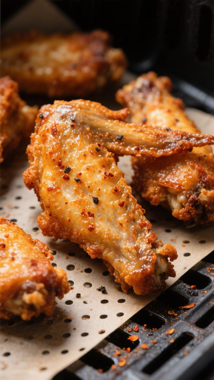 Close-up detail: Ultra-crispy air fryer chicken wings just finished cooking in a preheated basket at