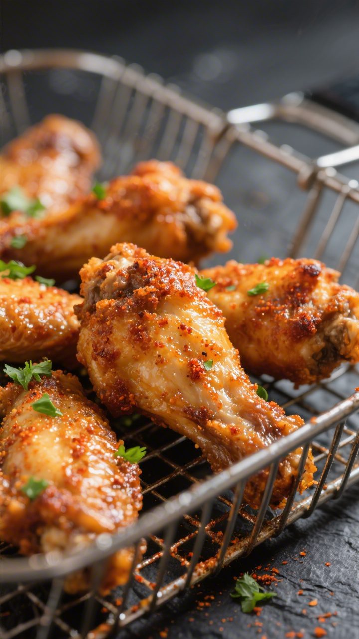 Close-up detail: Ultra-crispy air fryer chicken wings just out of the basket, skin side up, showing