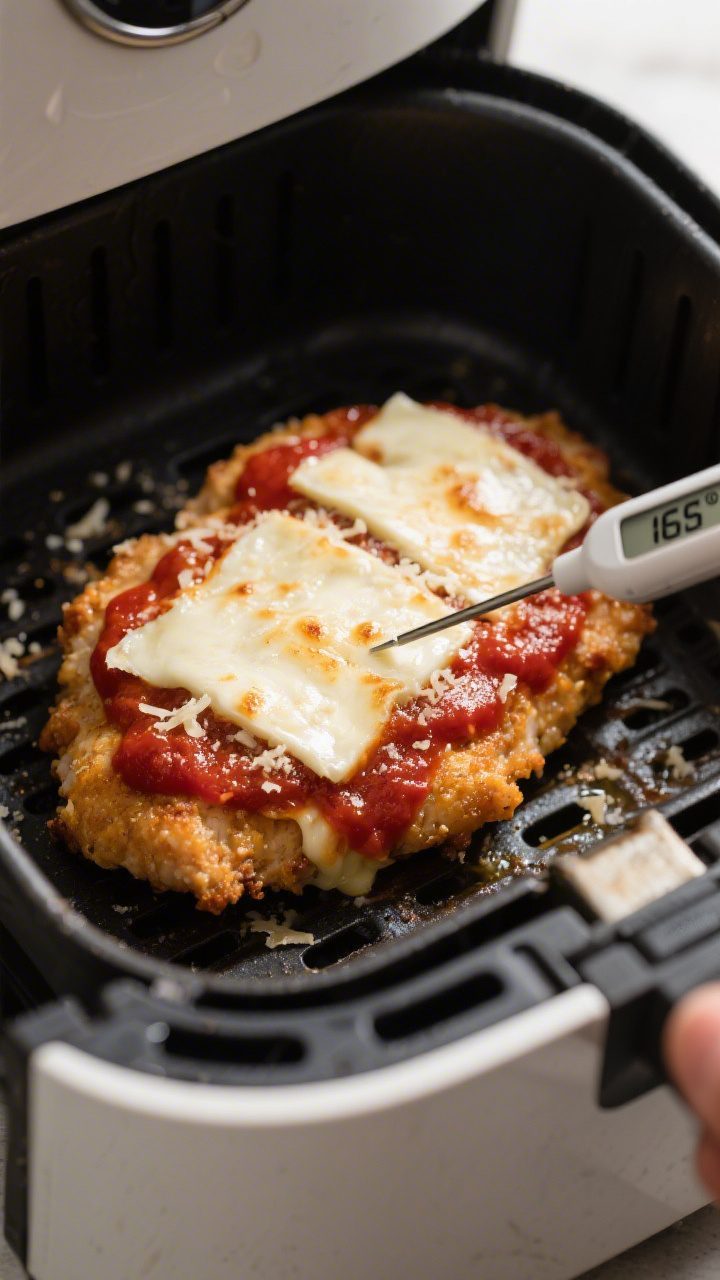 Cooking process: Air Fryer Chicken Parmesan in the final melt stage—cutlets topped with a thin lay