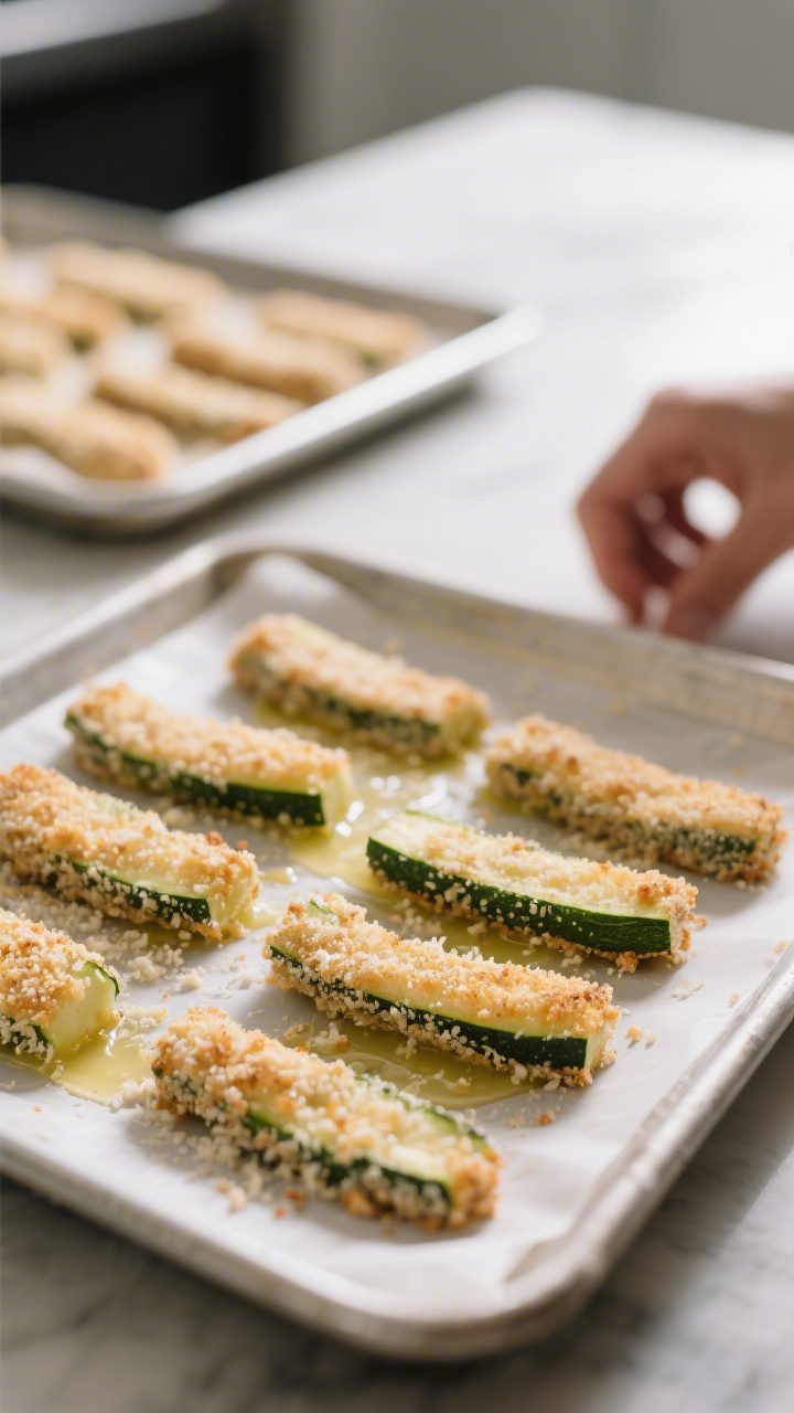 Cooking process: Breaded zucchini sticks being arranged in a single layer on a parchment-lined bakin