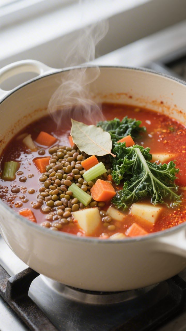 Cooking process close-up: A deep, enamelled soup pot at a gentle simmer with cooked brown/green lent