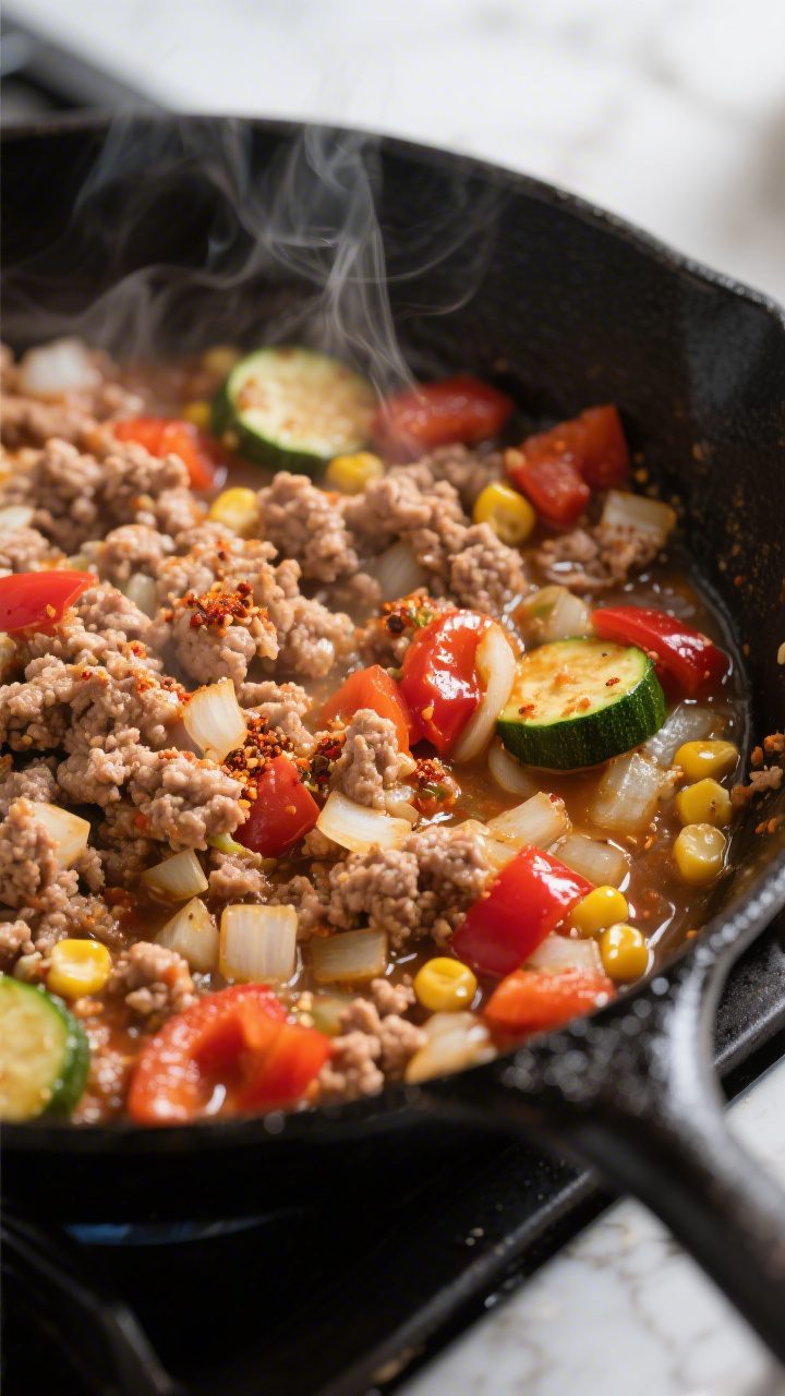 Cooking process, close-up detail: Ground turkey skillet mid-cook in a black cast-iron pan, showing b