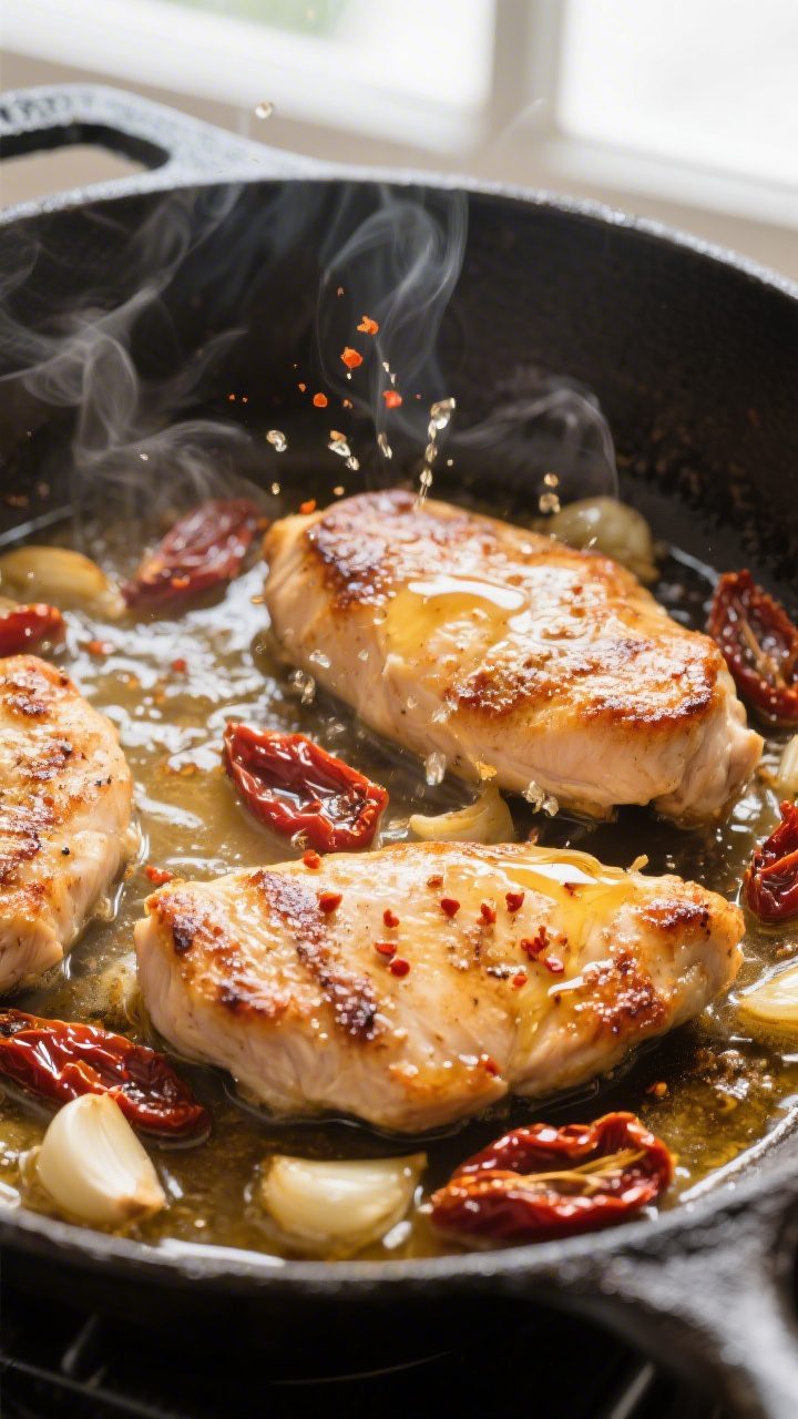 Cooking process, close-up detail: Pan-seared chicken cutlets in a large skillet at the deglazing sta