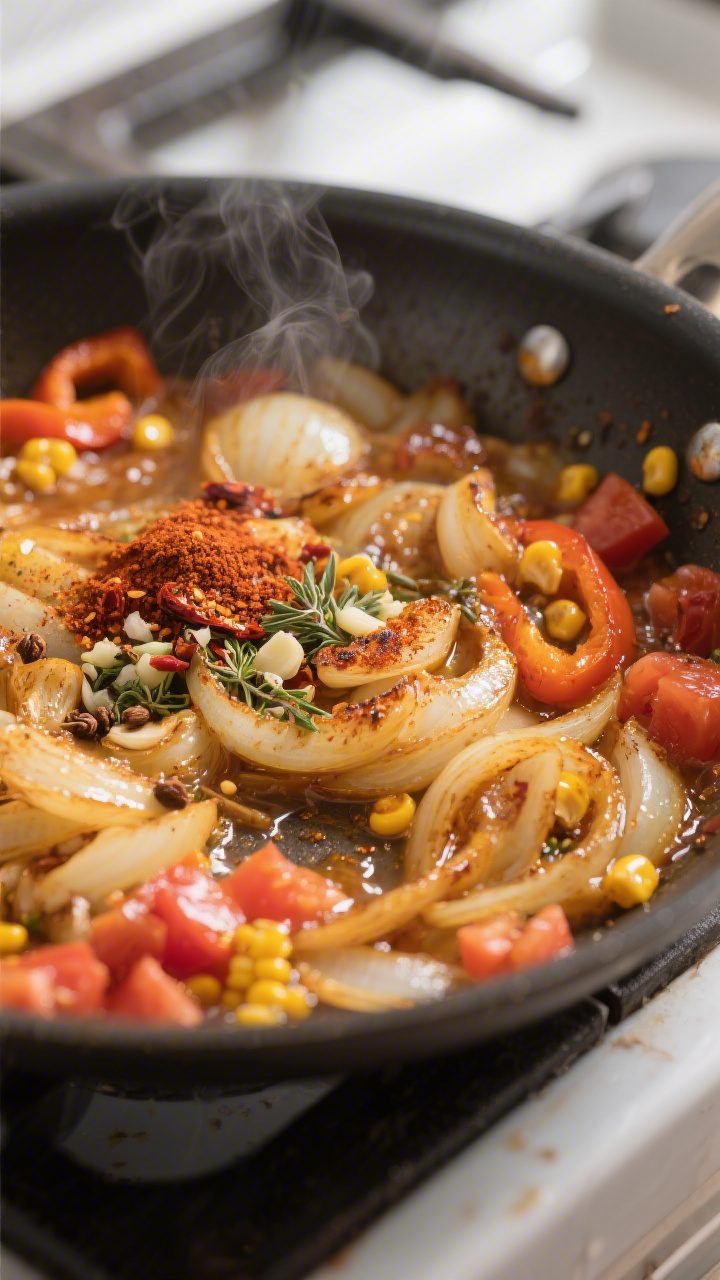 Cooking process, close-up detail: Sautéed onion and bell pepper base in a wide skillet, glistening