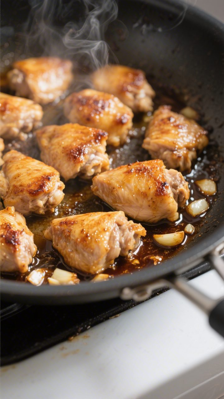 Cooking process, close-up detail: Searing bite-size chicken thigh pieces in a large skillet over med