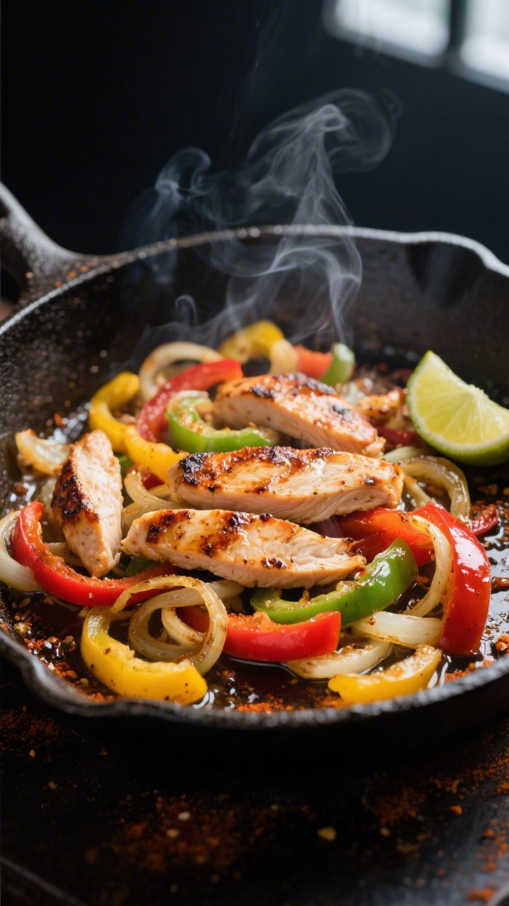 Cooking process, close-up detail: Sizzling chicken fajitas in a cast-iron skillet, showing seared, s