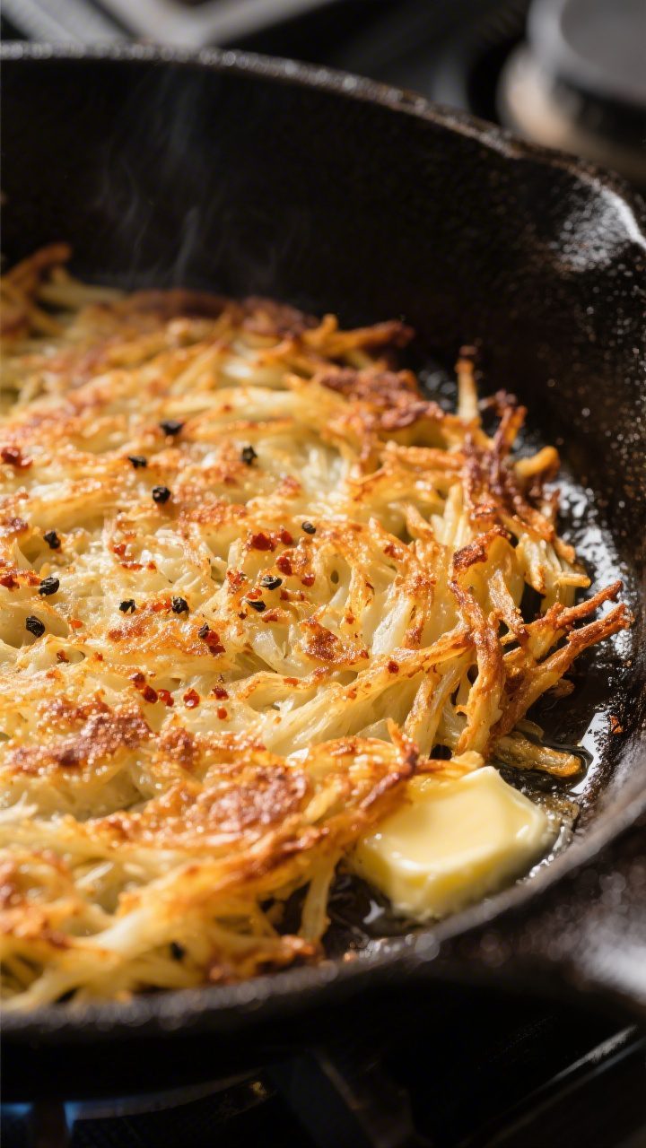 Cooking process close-up: Golden hash browns forming a deeply browned crust in a well-seasoned cast-