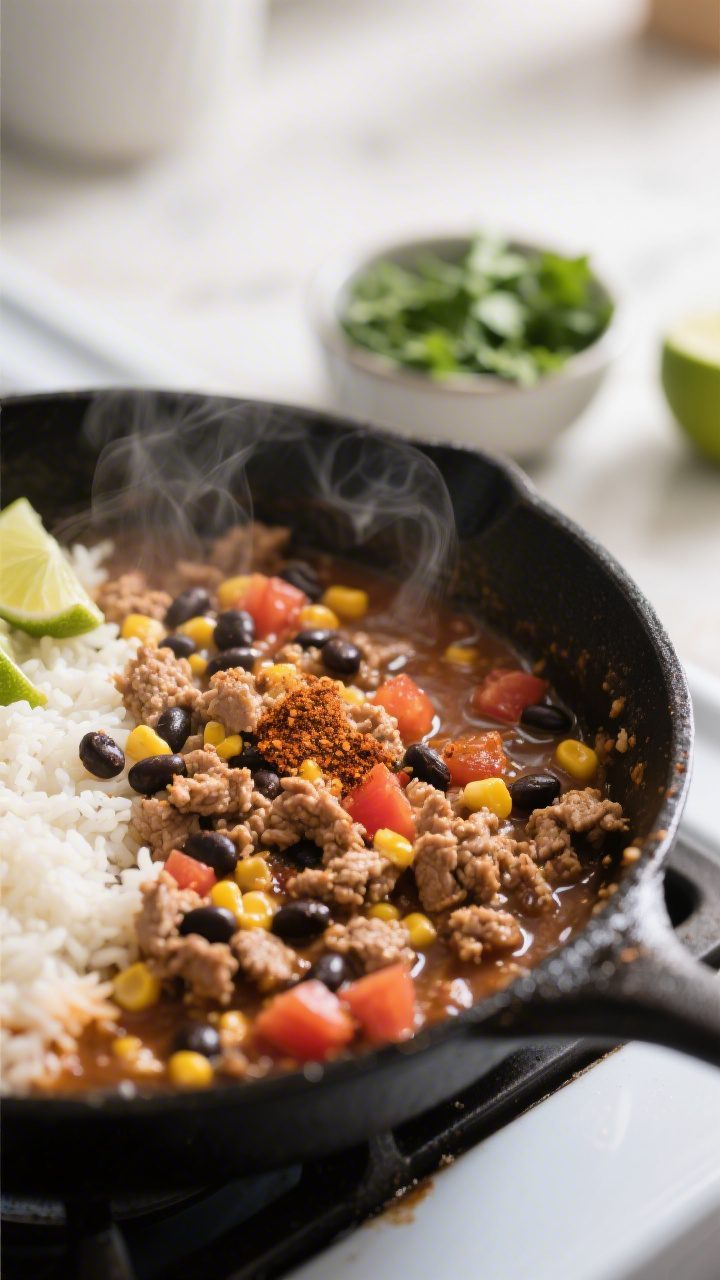 Cooking process close-up: Ground turkey taco skillet mid-simmer in a large black skillet, rice just