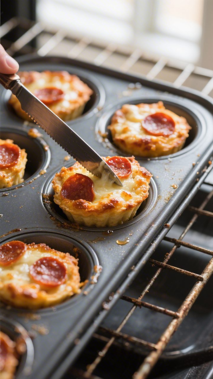 Cooking process close-up: Mini pepperoni pizza bites just out of the oven in a dark metal mini muffi