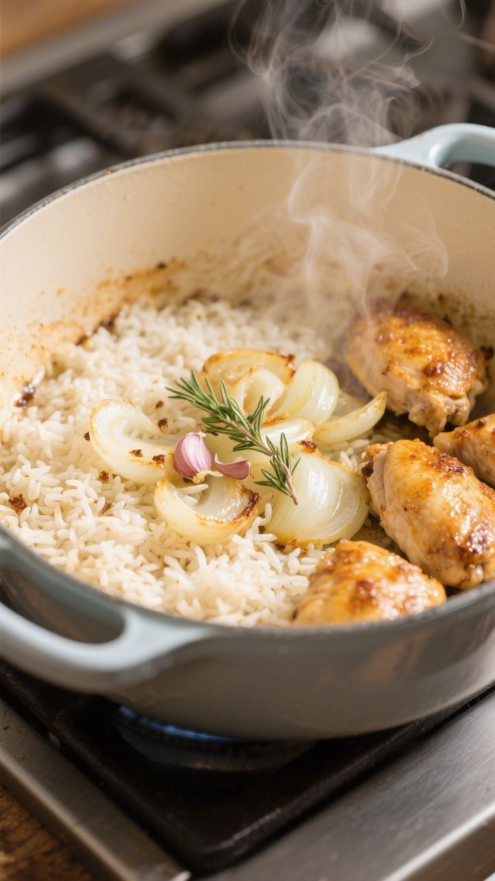 Cooking process close-up: Sautéed onion and garlic with thyme in a wide, enamel Dutch oven, followe