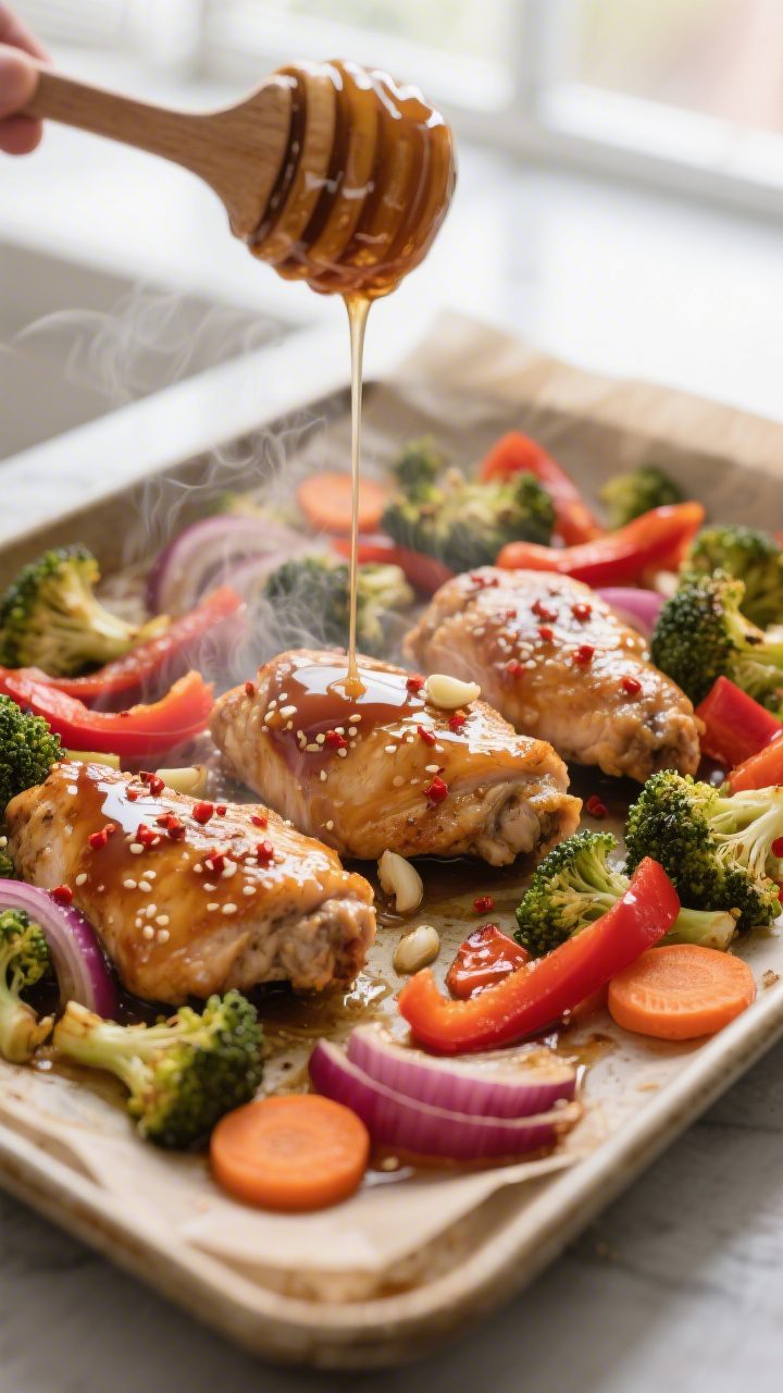 Cooking process, close-up: Sheet pan honey garlic chicken thighs nestled among roasted broccoli flor