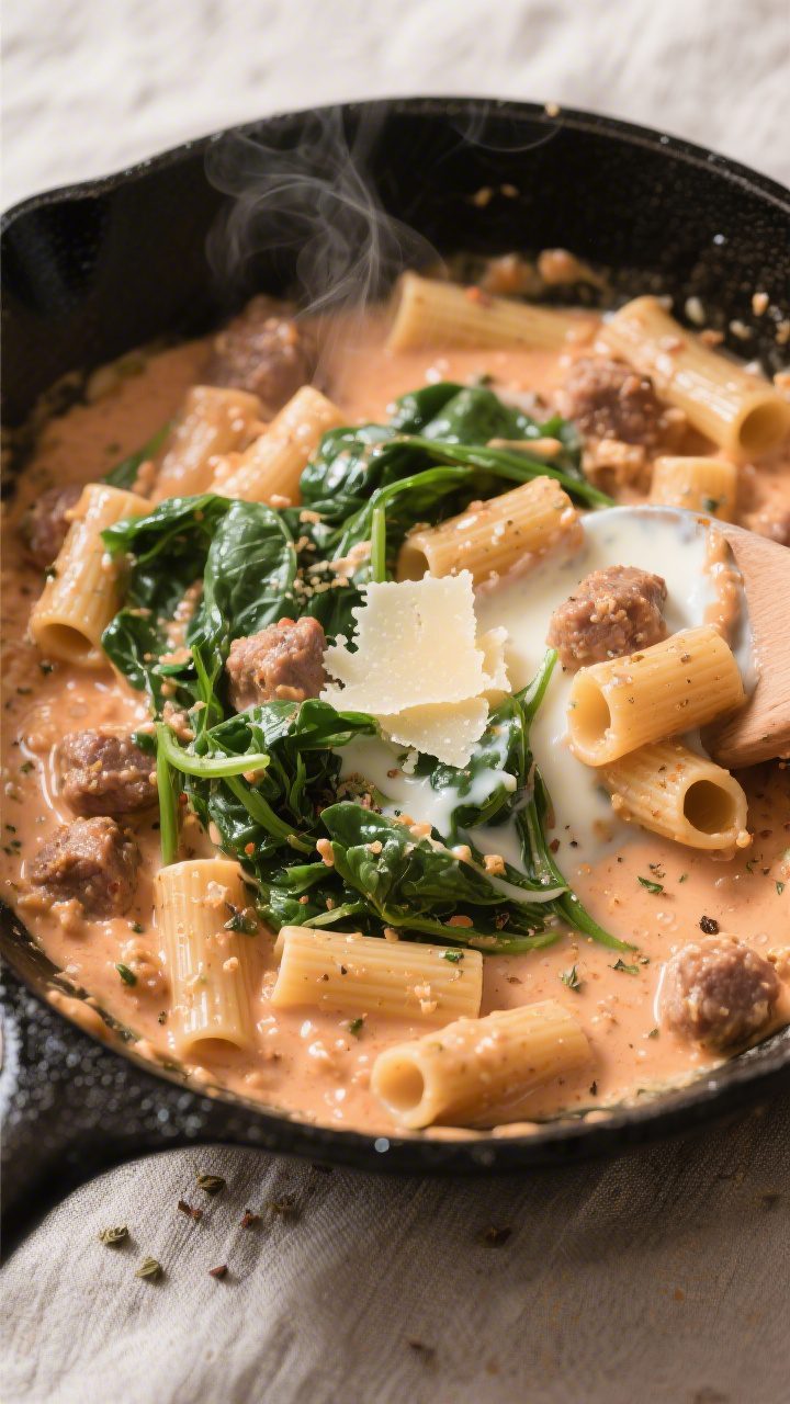 Cooking process: Creamy sausage sauce being finished in the pan—heavy cream and Parmesan just inco