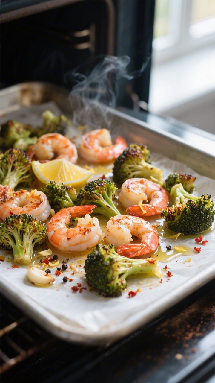 Cooking process, mid-roast: A hot sheet pan just pulled from a 425°F oven showing roasted broccoli